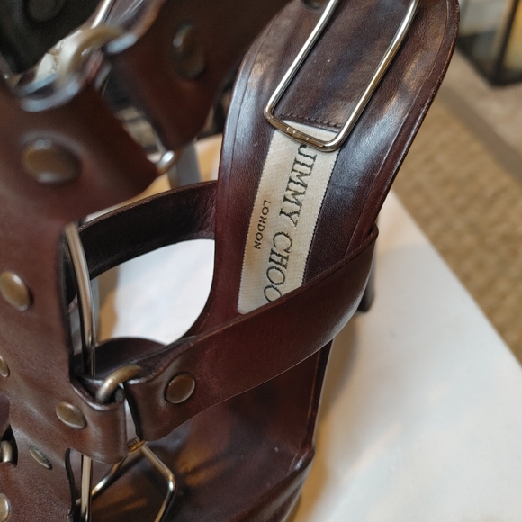 JIMMY CHOO "PRIZE" LEATHER GLADIATOR SANDAL, DK BROWN 37 IT - Picture 8 of 16